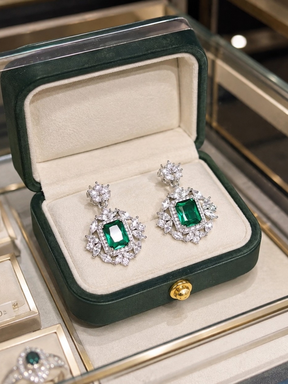 Emerald Green Crystal Statement Drop Earrings – Elegant Silver Tone - Picture 5 of 5